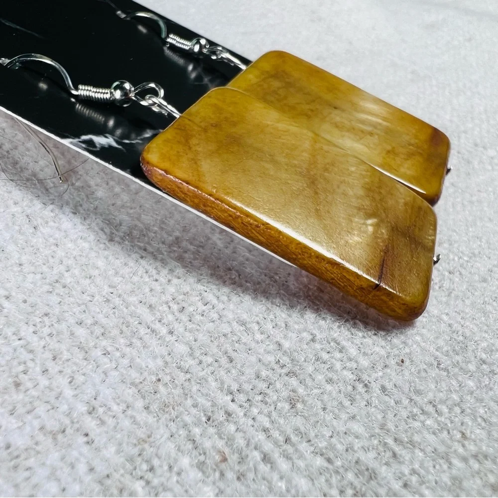 Stone Slab Earrings Golden‎ Brown Square Dangle Drop Statement 925 Sterling